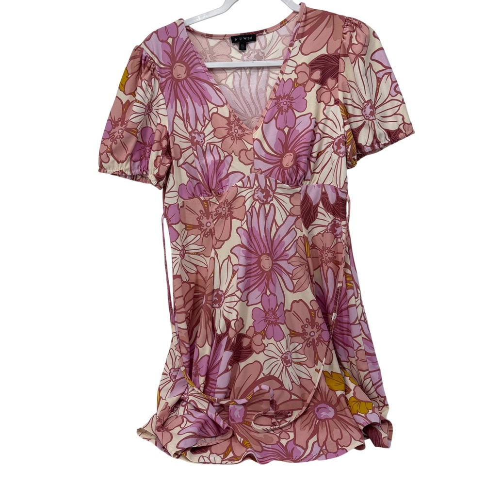 As U Wish Womens XL Pink Floral V-Neck Empire Waist Tie Back Mini Dress 201H52